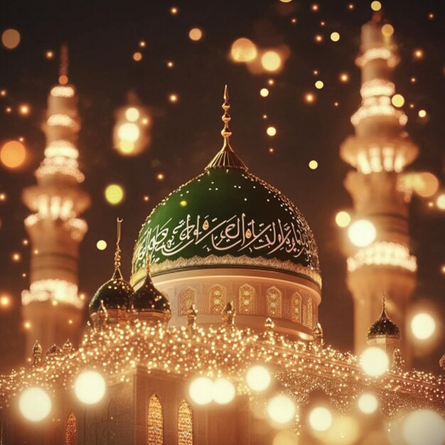 Photo a mosque with a green dome and a green dome with the words quot calligraphy quot on it