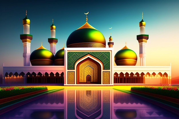 A mosque with a green dome and a green dome.