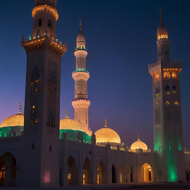 Photo a mosque with a green light on the top of it