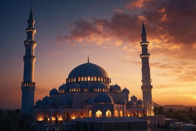 Mosque with an illuminated minaret at dusk