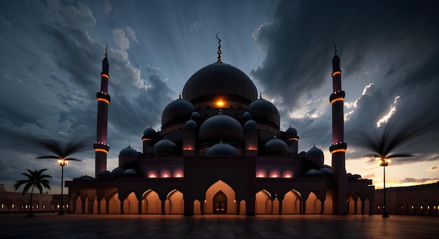 A mosque with lights on the roof and the sky behind it