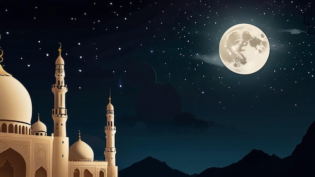 a mosque with a moon in the background and a moon in the sky