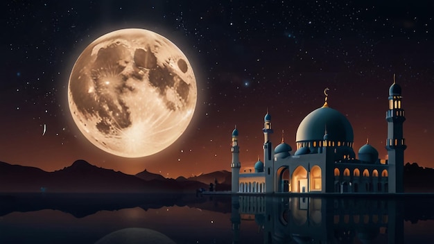 a mosque with a moon in the background