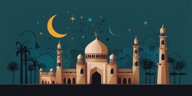 a mosque with a moon in the background