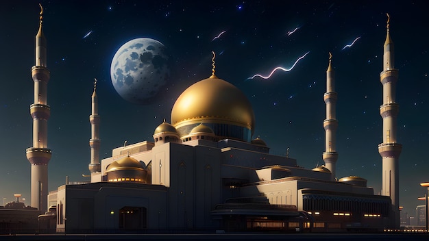 A mosque with a moon in the background