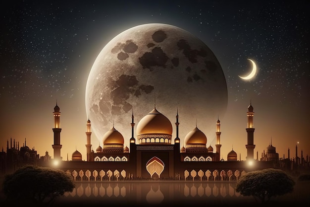 A mosque with a moon in the background