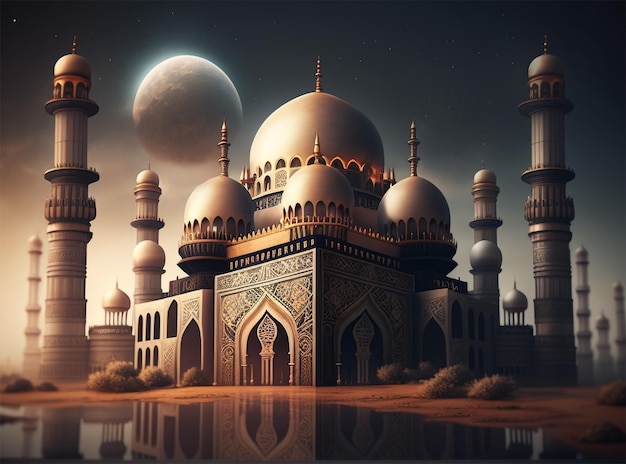 A mosque with a moon in the background