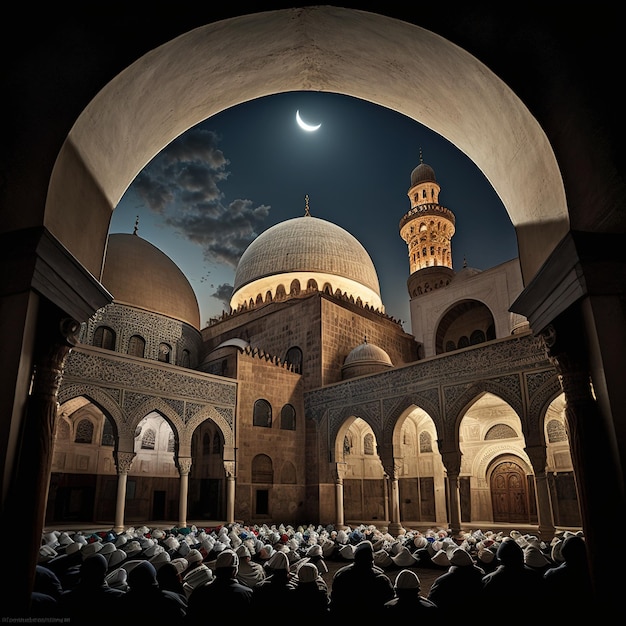 A mosque with a moon in the background