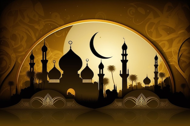 A mosque with a moon and a crescent moon in the background