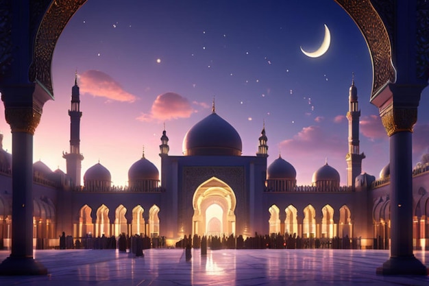 a mosque with a moon and a moon in the background