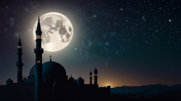 a mosque with a moon and a mosque in the background