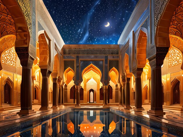 a mosque with a moon and a reflection in the water