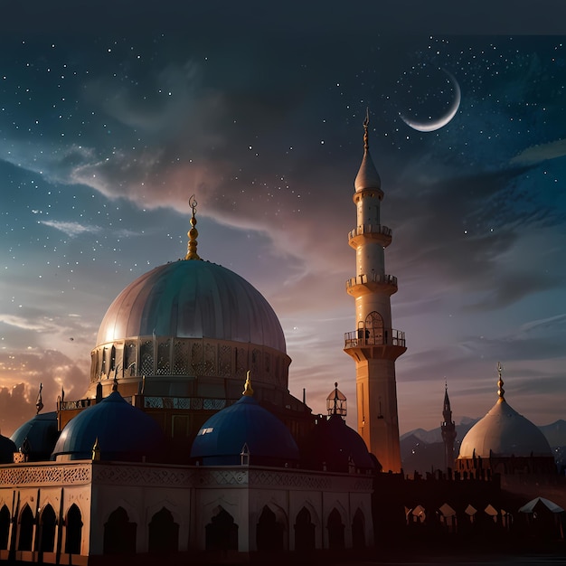 A mosque with a moon in the sky behind it Karbala black red background Islamic new year Muharram