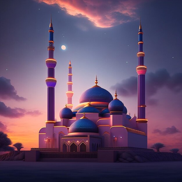 A mosque with a moon in the sky