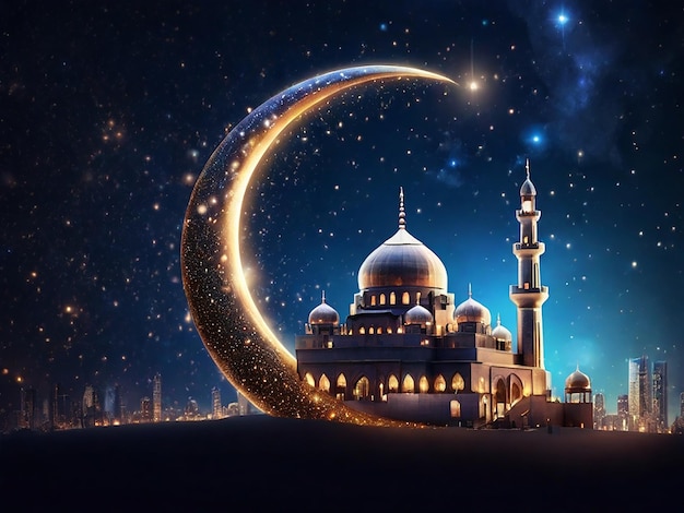 a mosque with a moon and stars in the background