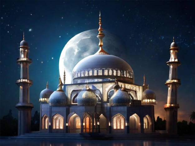 a mosque with a moon and stars beautiful muslim invitation eid mubarak religion backgroun