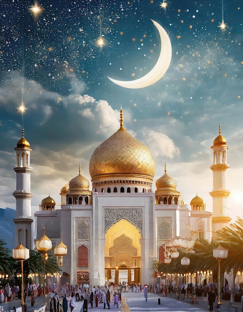 a mosque with a moon and stars in the sky