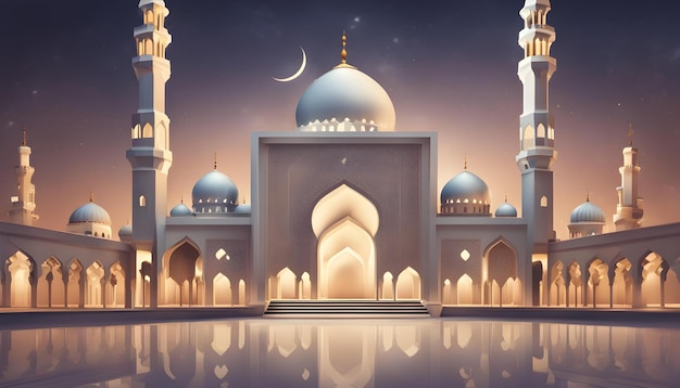 a mosque with a moon and stars on the water