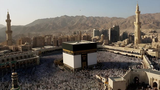 Photo a mosque with a mosque in the center and a city in the background