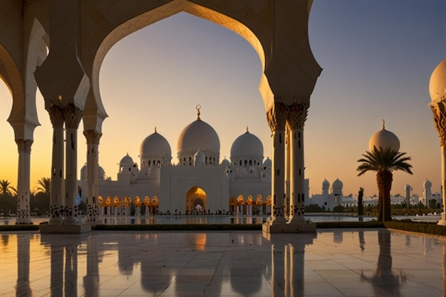 Photo a mosque with a palm tree in the background