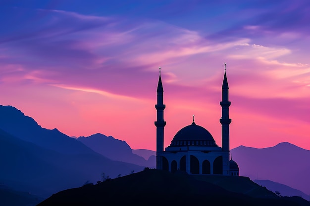 a mosque with a pink sky and the mountains in the background