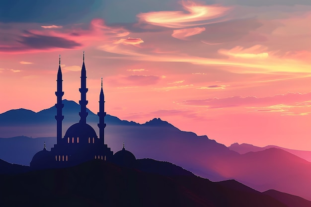 a mosque with a pink sky and the silhouette of a mountain range