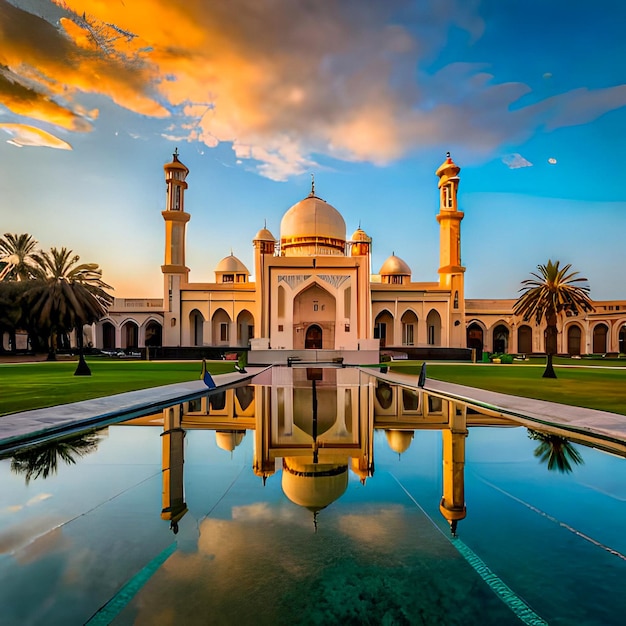 A mosque with a pool of water in front of it ai generative