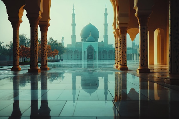 a mosque with a reflection of a building in the water