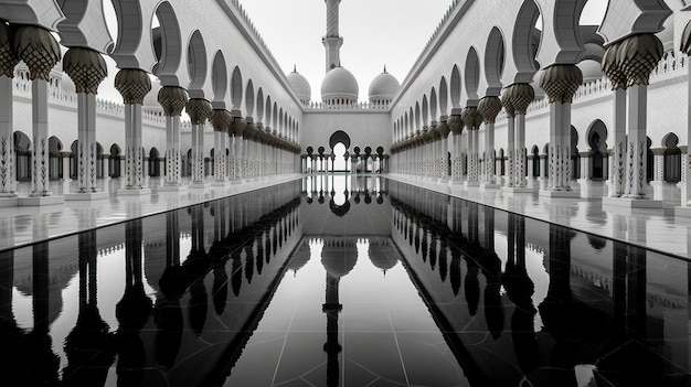 A mosque with a reflection in the water