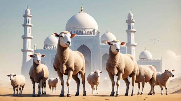 Mosque with sheep cow camel in front and with the text happy Eid alAdha