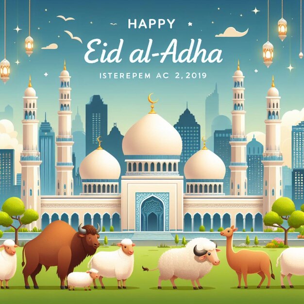 mosque with sheep cow camel in front and with the text happy Eid alAdha