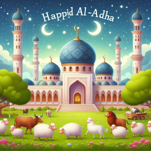 mosque with sheep cow camel in front and with the text happy Eid alAdha