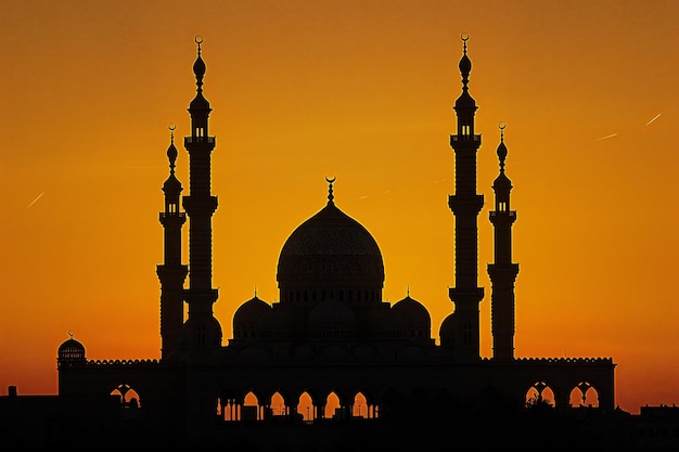 Photo a mosque with a silhouette of a building with the sun setting behind it