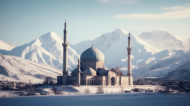 Mosque with a snow capped mountain peak background Generative AI