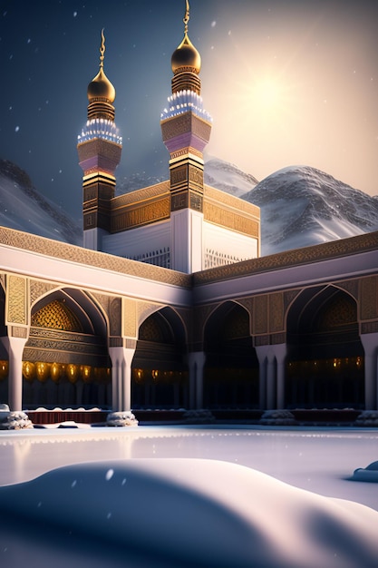 A mosque with a snowy mountain in the background.