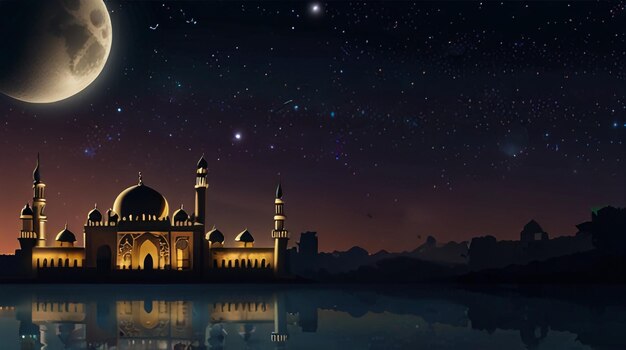 Photo a mosque with a starry night sky and a reflection of a mosque