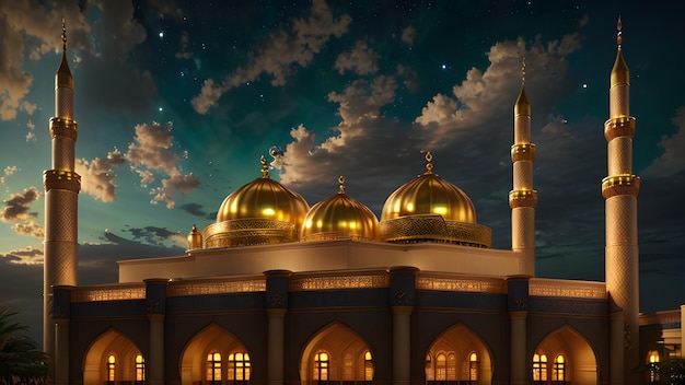 A mosque with a starry sky and the words ramadan