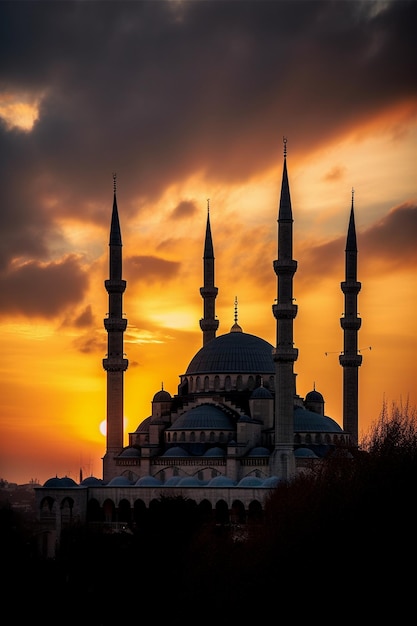 A mosque with the sun setting behind it