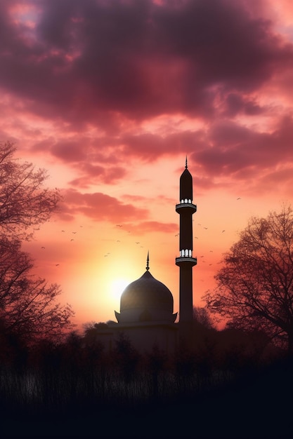 A mosque with the sun setting behind it