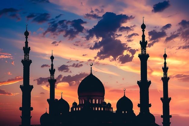 a mosque with a sunset in the background