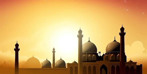 A mosque with a sunset background