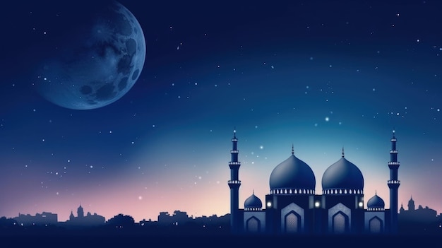 Mosques Dome on dark blue twilight sky and Crescent Moon on background Illustration AI Generative