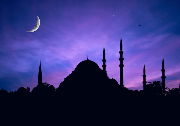 Mosques Dome on dark blue twilight sky and Crescent Moon on background, symbol islamic religion