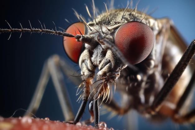 Mosquito on human skin macro shot Malarial mosquito that bites person and drinks blood Spread of malaria and Zika virus