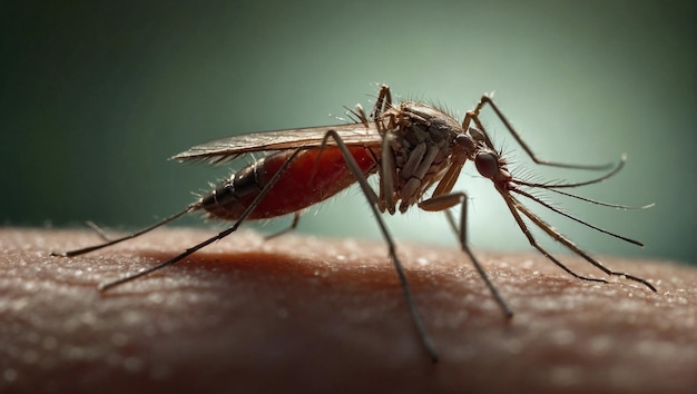 Photo mosquito on human skin showing the insects long proboscis inserted into the skin to feed on blood