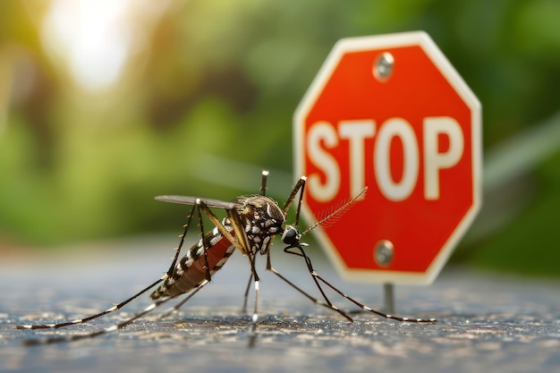 Photo mosquito and red sign with the inscription stop generative ai