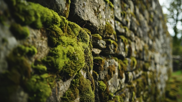 Moss adds a natural and textural element to the weathered stone wall