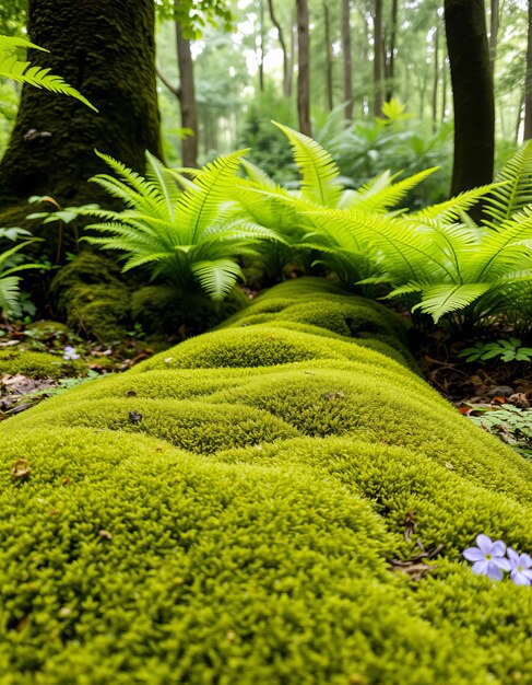 a moss covered log with a large green plant in the middle