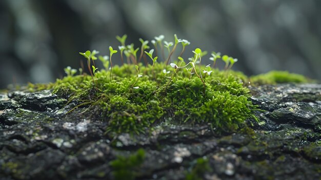 Photo a moss covered log with small plants growing on it