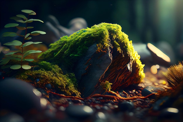 Moss covered rock sitting in the middle of a forest generative ai